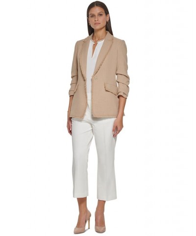 Women's Fringe-Trim Scrunch-Sleeve One-Button Jacket Sand $56.62 Jackets