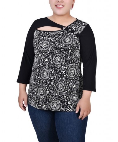 Plus Size 3/4 Sleeve Puff Print Cutout Top Black Doral Flower $15.77 Tops