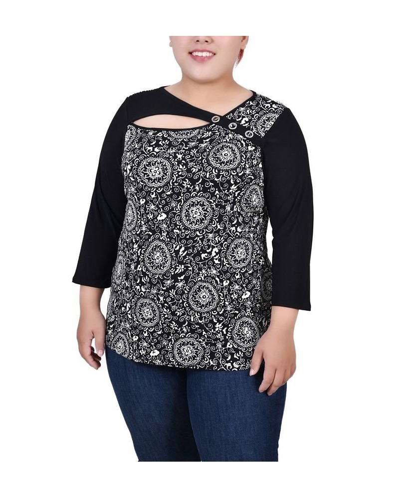 Plus Size 3/4 Sleeve Puff Print Cutout Top Black Doral Flower $15.77 Tops