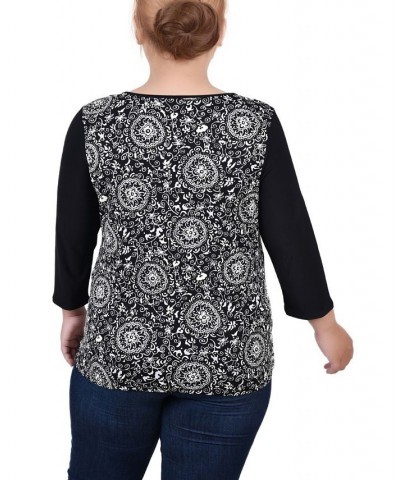 Plus Size 3/4 Sleeve Puff Print Cutout Top Black Doral Flower $15.77 Tops