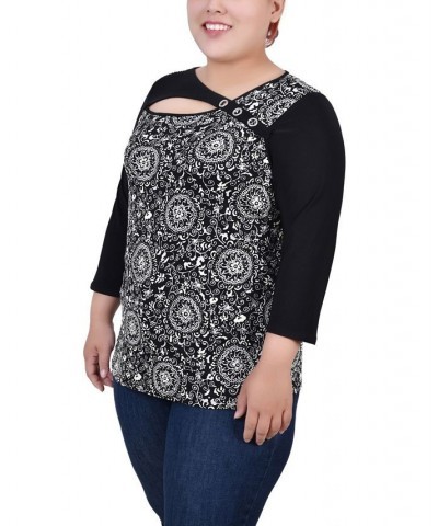 Plus Size 3/4 Sleeve Puff Print Cutout Top Black Doral Flower $15.77 Tops