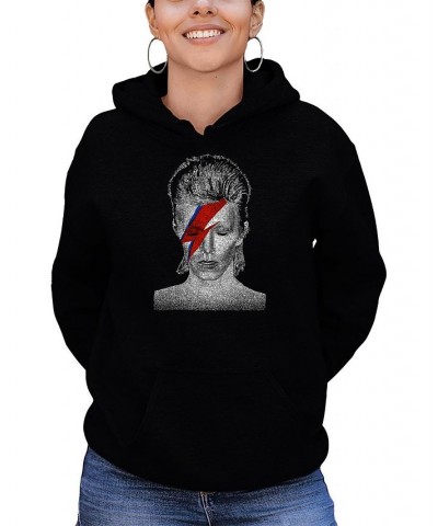 Women's David Bowie Aladdin Sane Word Art Hooded Sweatshirt Black $25.80 Sweatshirts