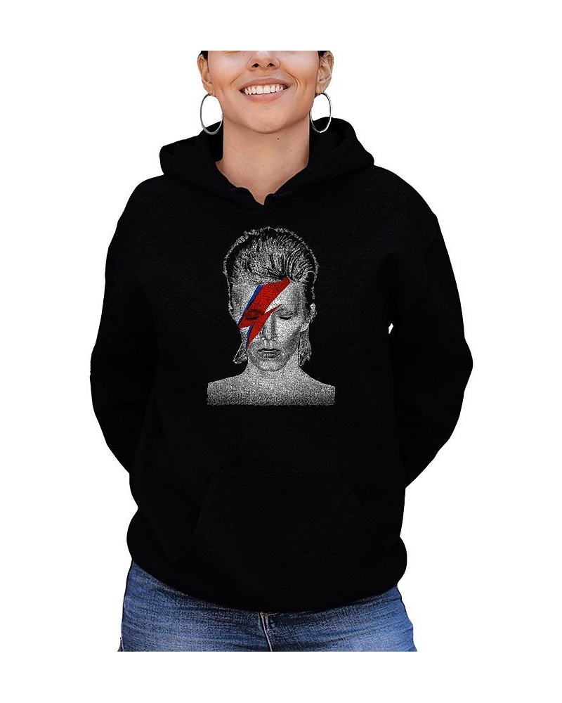 Women's David Bowie Aladdin Sane Word Art Hooded Sweatshirt Black $25.80 Sweatshirts