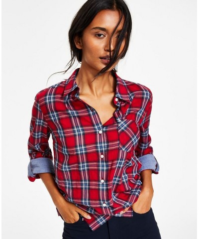 Women's Roll-Tab Button-Down Shirt Red $22.05 Tops