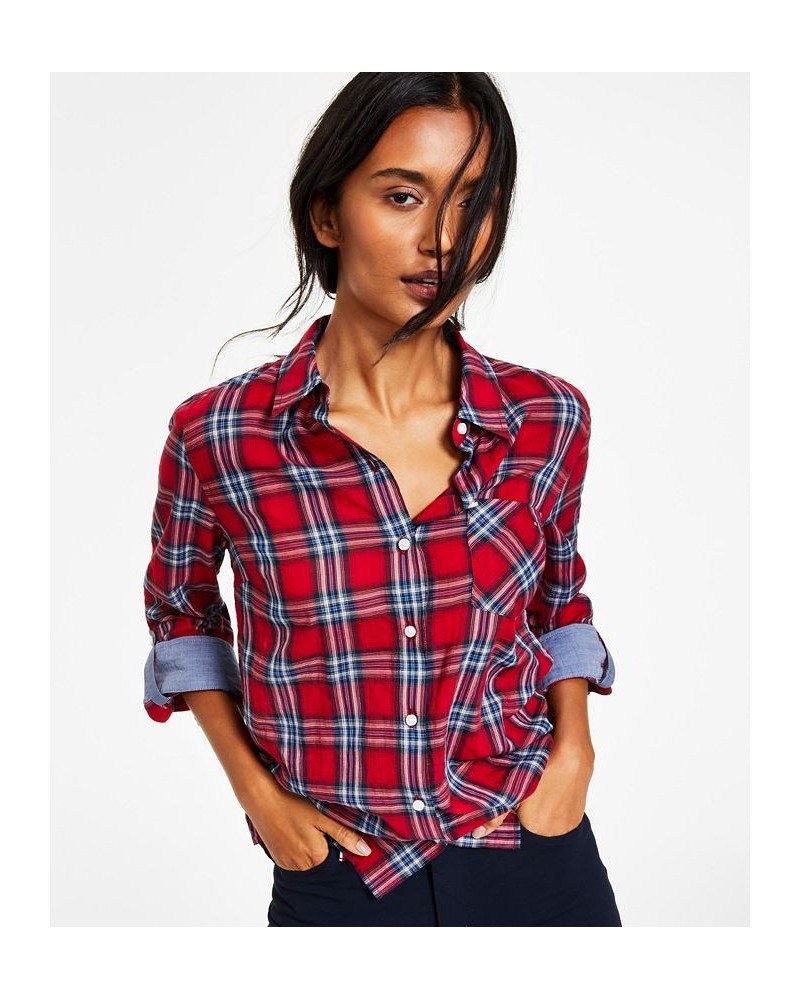 Women's Roll-Tab Button-Down Shirt Red $22.05 Tops