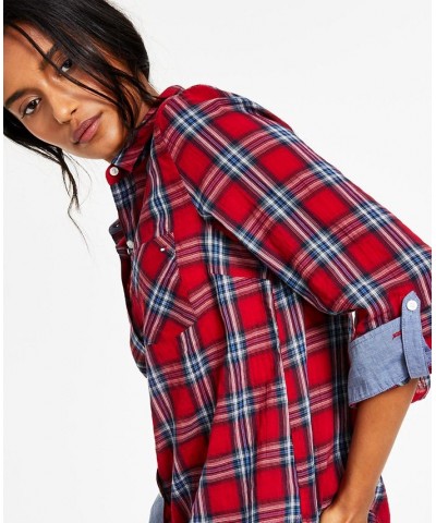 Women's Roll-Tab Button-Down Shirt Red $22.05 Tops