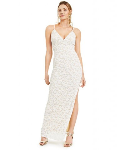 Juniors' Slim Allover-Lace Side-Slit Gown White $47.96 Dresses