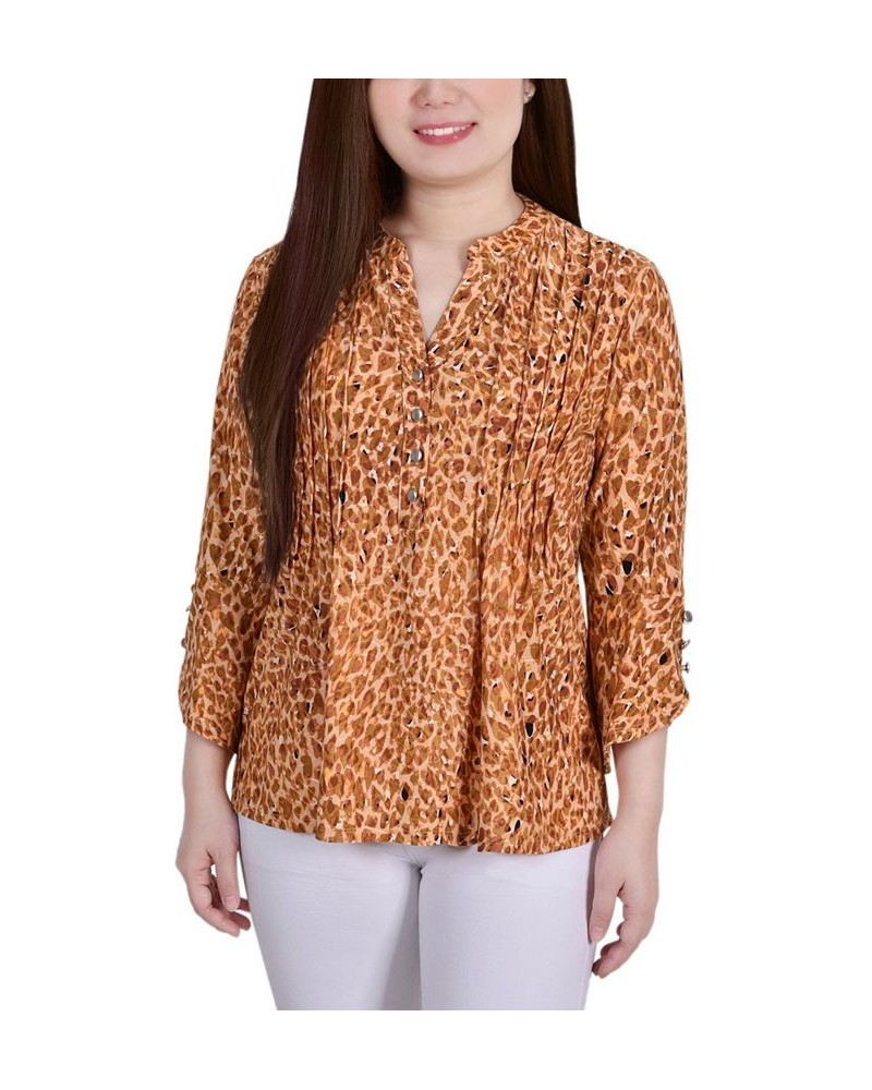 Petite 3/4 Sleeve Overlapped Bell Sleeve Y-neck Top Brown Leopard $15.36 Tops