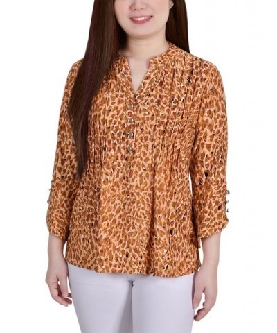 Petite 3/4 Sleeve Overlapped Bell Sleeve Y-neck Top Brown Leopard $15.36 Tops