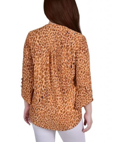 Petite 3/4 Sleeve Overlapped Bell Sleeve Y-neck Top Brown Leopard $15.36 Tops