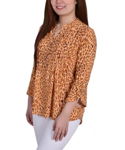 Petite 3/4 Sleeve Overlapped Bell Sleeve Y-neck Top Brown Leopard $15.36 Tops