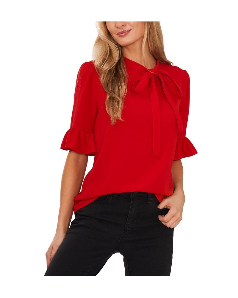 Women's Ruffled Elbow-Sleeve Tie-Neck Blouse Red $27.76 Tops