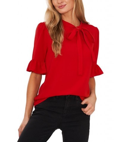 Women's Ruffled Elbow-Sleeve Tie-Neck Blouse Red $27.76 Tops