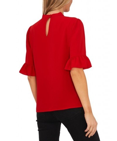 Women's Ruffled Elbow-Sleeve Tie-Neck Blouse Red $27.76 Tops