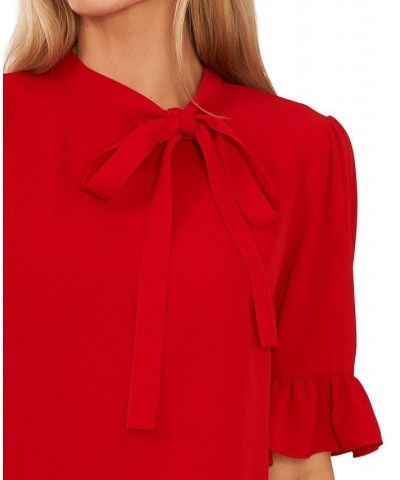 Women's Ruffled Elbow-Sleeve Tie-Neck Blouse Red $27.76 Tops