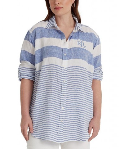 Plus Size Striped Linen Shirt Blue $58.90 Tops