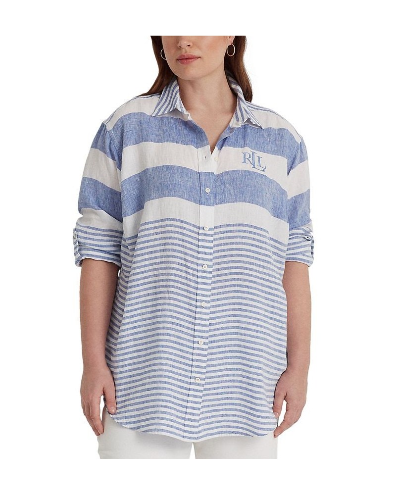 Plus Size Striped Linen Shirt Blue $58.90 Tops