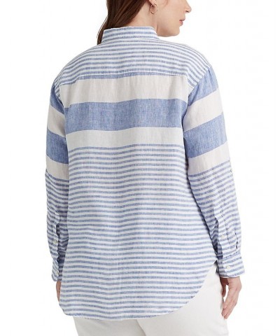 Plus Size Striped Linen Shirt Blue $58.90 Tops