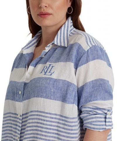 Plus Size Striped Linen Shirt Blue $58.90 Tops