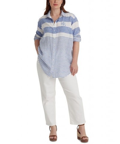 Plus Size Striped Linen Shirt Blue $58.90 Tops