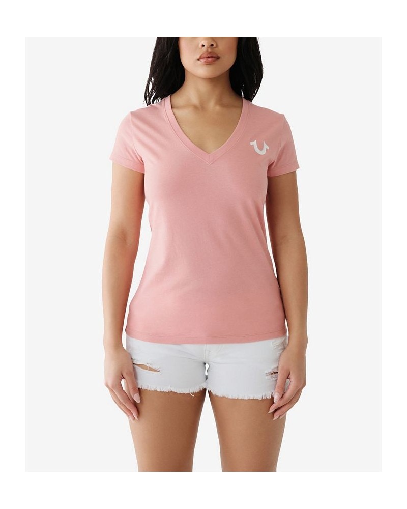 Women's Short Sleeve Foil Horseshoe V-neck T-shirt Pink $27.60 Tops