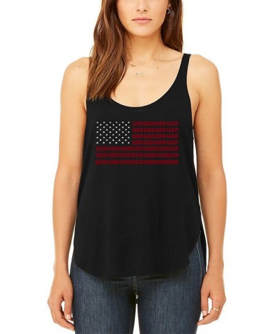 Women's Premium Word Art Flowy USA Flag Tank Top Black $26.99 Tops