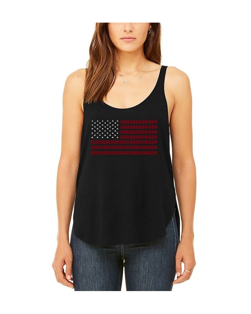 Women's Premium Word Art Flowy USA Flag Tank Top Black $26.99 Tops