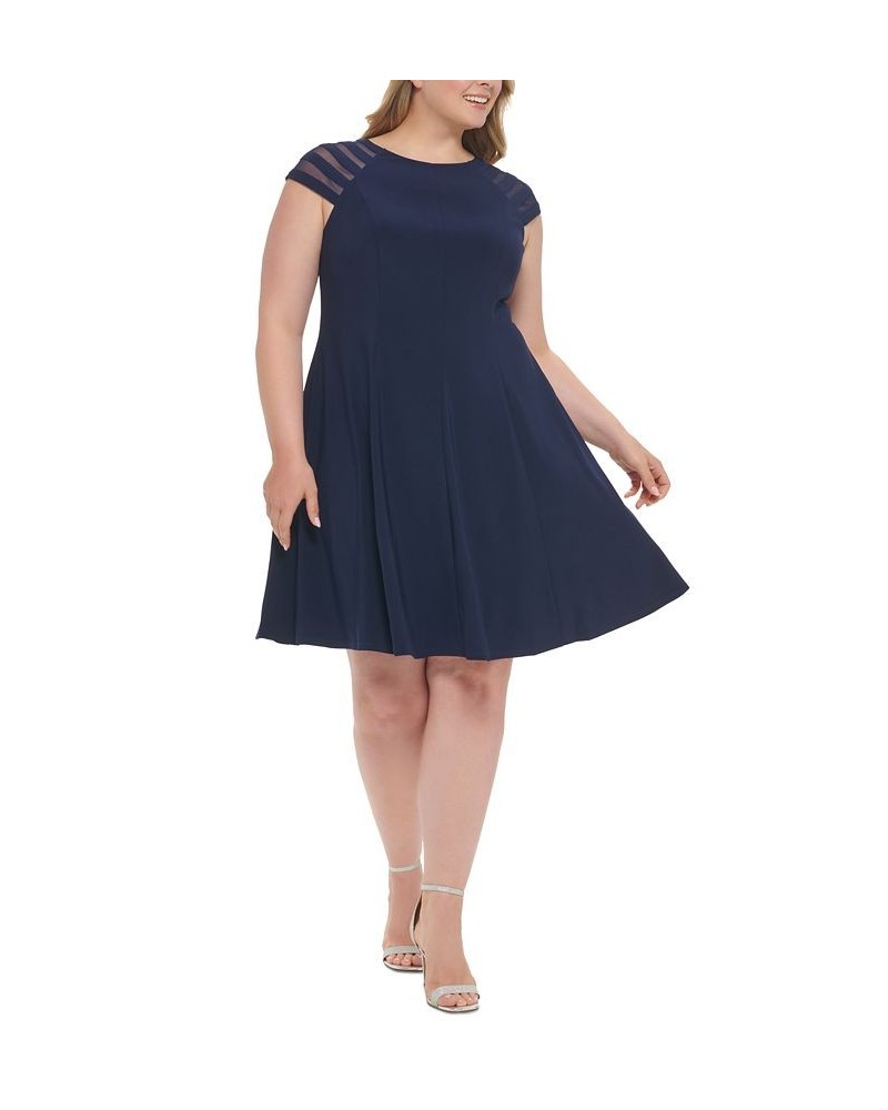 Plus Size Illusion-Short-Sleeve Dress Navy $53.55 Dresses