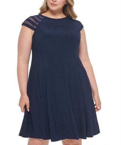 Plus Size Illusion-Short-Sleeve Dress Navy $53.55 Dresses