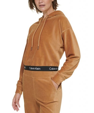 Women's Logo Elastic Long-Sleeve Pullover Velour Hoodie Teak $20.59 Sweatshirts