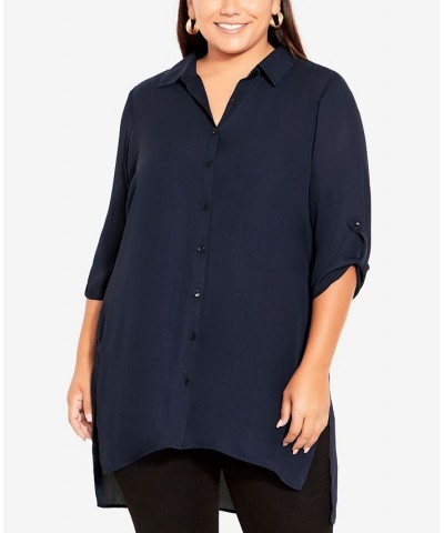 Plus Size Longline Collared Blouse Navy $28.29 Tops