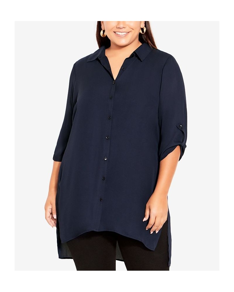 Plus Size Longline Collared Blouse Navy $28.29 Tops