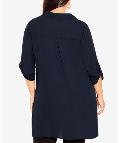 Plus Size Longline Collared Blouse Navy $28.29 Tops