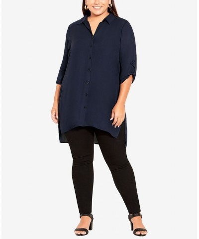 Plus Size Longline Collared Blouse Navy $28.29 Tops