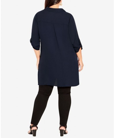 Plus Size Longline Collared Blouse Navy $28.29 Tops