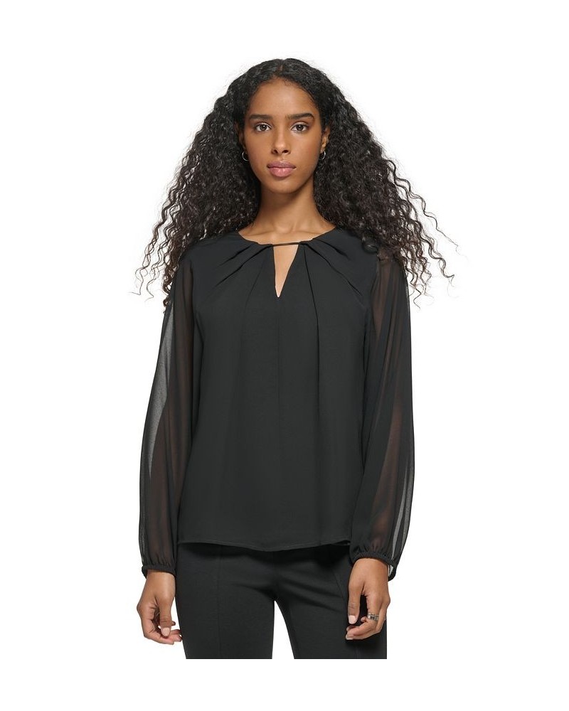 Women's Long Sleeve Keyhole Neck Chiffon Blouse Black $31.21 Tops