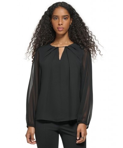 Women's Long Sleeve Keyhole Neck Chiffon Blouse Black $31.21 Tops