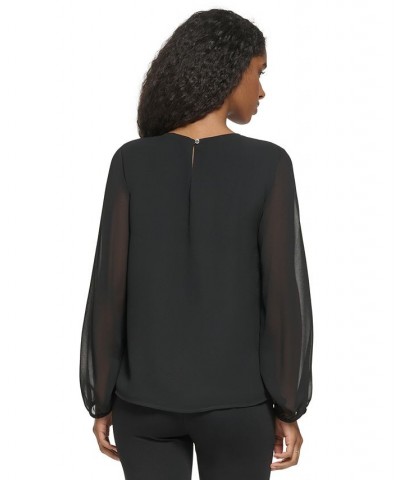 Women's Long Sleeve Keyhole Neck Chiffon Blouse Black $31.21 Tops