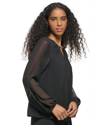 Women's Long Sleeve Keyhole Neck Chiffon Blouse Black $31.21 Tops