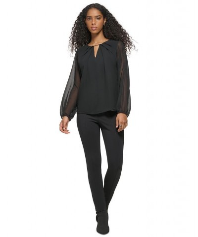 Women's Long Sleeve Keyhole Neck Chiffon Blouse Black $31.21 Tops