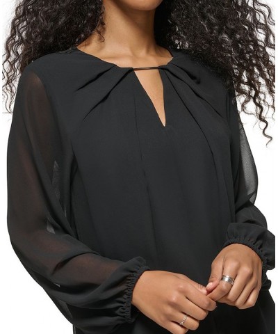 Women's Long Sleeve Keyhole Neck Chiffon Blouse Black $31.21 Tops