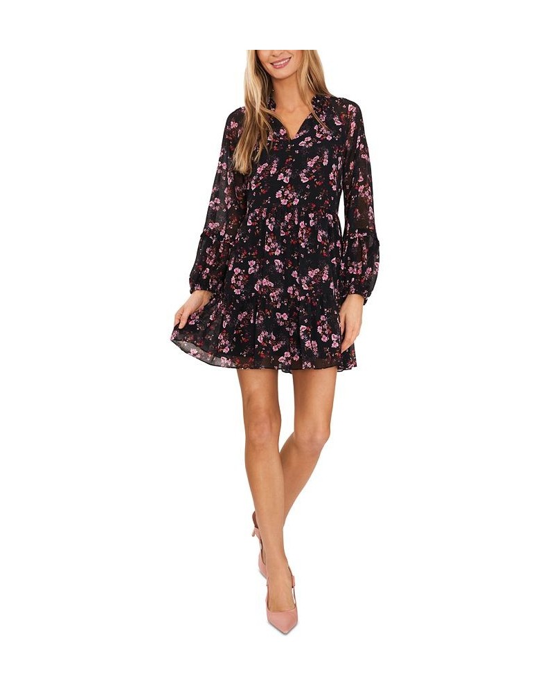 Women's Printed Long-Sleeve Babydoll Dress Rich Black $37.48 Dresses