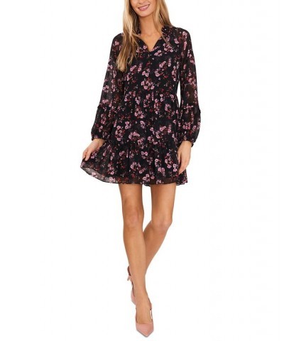 Women's Printed Long-Sleeve Babydoll Dress Rich Black $37.48 Dresses