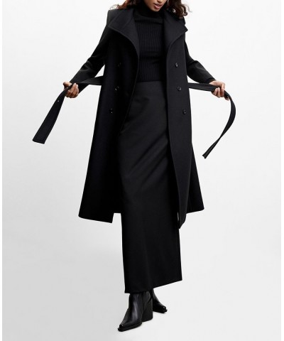 Women's Woolen Long Sleeve Belt Coat Black $112.00 Coats