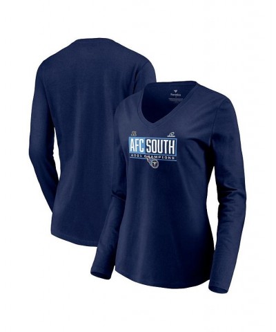 Women's Navy Tennessee Titans 2021 AFC South Division Champions Blocked Favorite V-Neck Long Sleeve T-shirt Navy $23.59 Tops