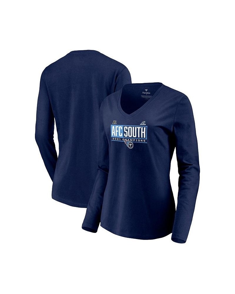 Women's Navy Tennessee Titans 2021 AFC South Division Champions Blocked Favorite V-Neck Long Sleeve T-shirt Navy $23.59 Tops