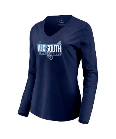 Women's Navy Tennessee Titans 2021 AFC South Division Champions Blocked Favorite V-Neck Long Sleeve T-shirt Navy $23.59 Tops