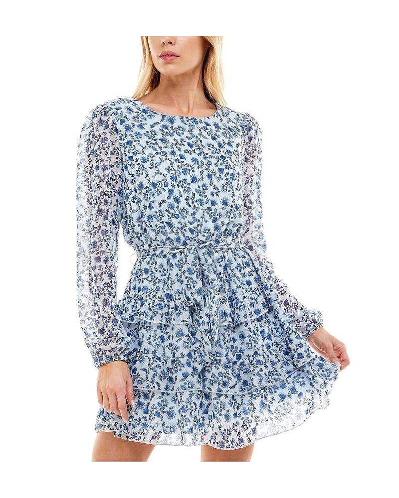 Juniors' Printed Ruffled Fit & Flare Dress Blue/Gold $31.27 Dresses