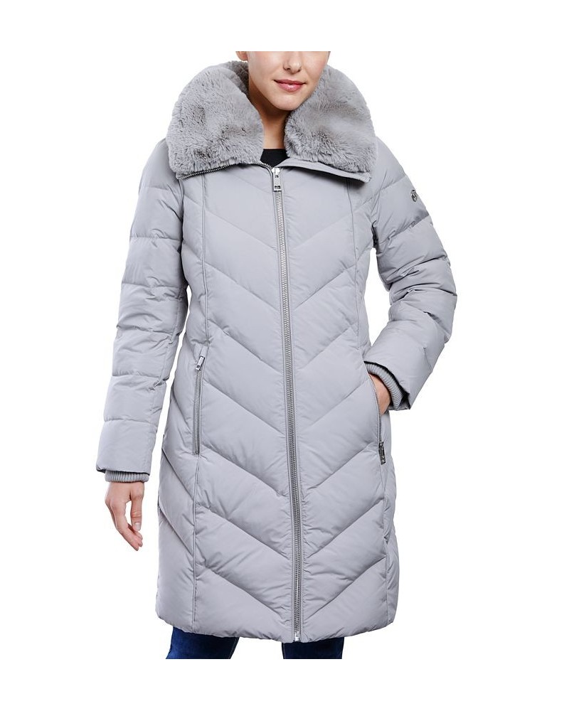 Women's Faux-Fur-Collar Hooded Down Puffer Coat Silver $76.56 Coats