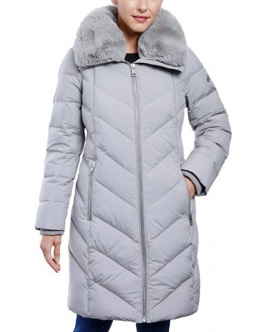 Women's Faux-Fur-Collar Hooded Down Puffer Coat Silver $76.56 Coats